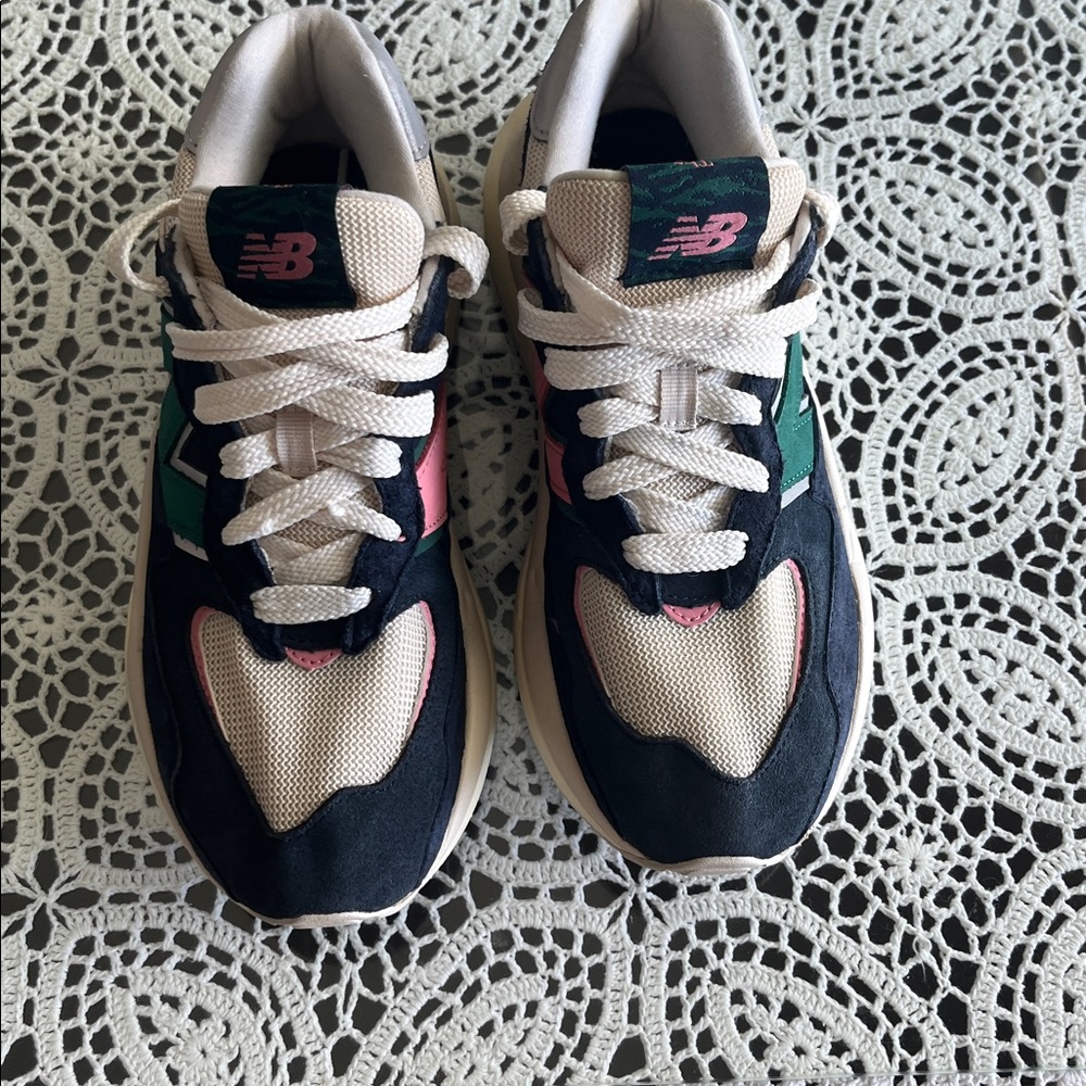 New Balance 57/40 navy and Cream Sneakers with Pink and Green Accents